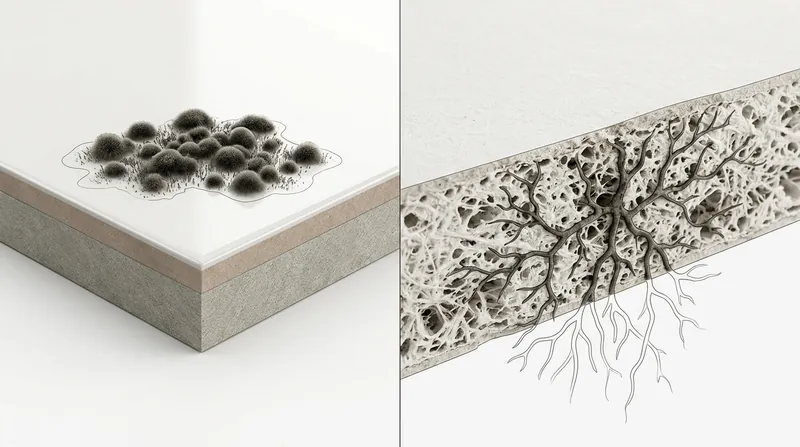 Bleach effectively sterilizes non-porous surfaces like tile, but fails on porous materials where roots embed themselves.