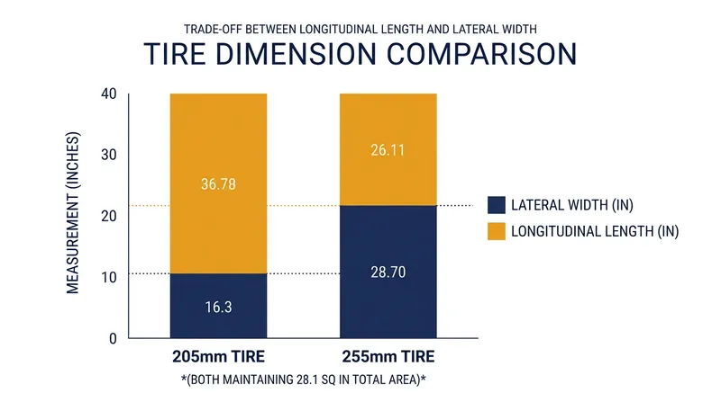 Wider tires trade front-to-back length for side-to-side width.