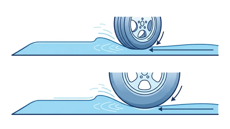 Narrower tires are less prone to hydroplaning because they present a smaller leading edge to standing water.