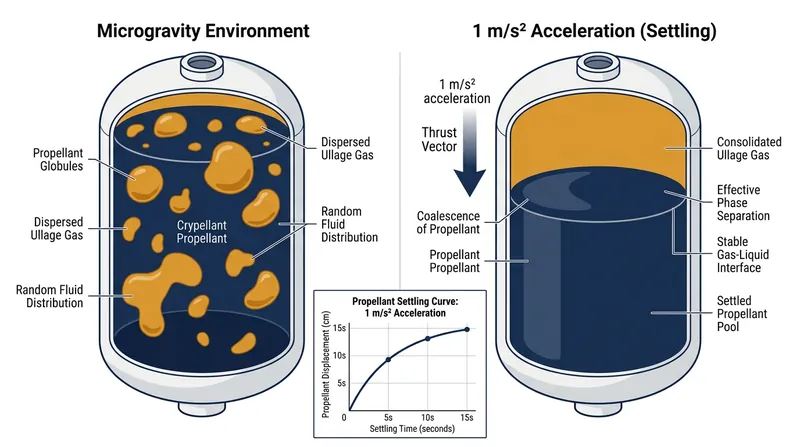 An acceleration of roughly 1 m/s² forces atomized droplets to the aft end of the tank.