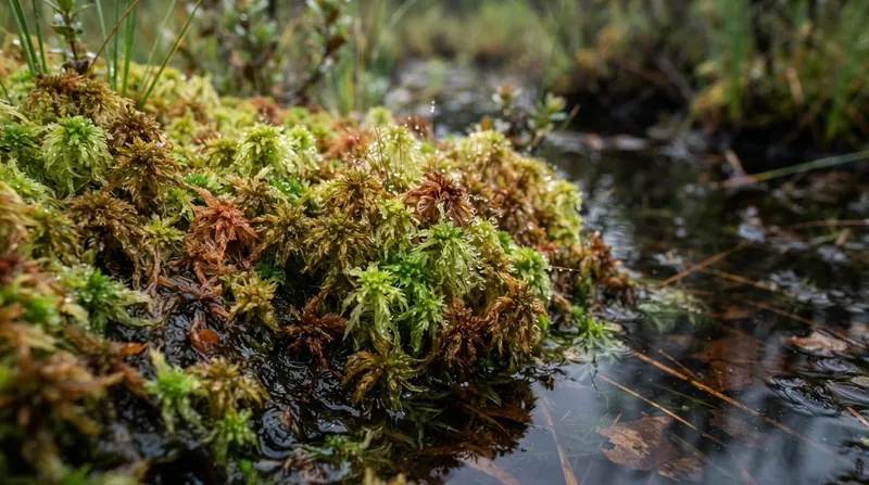 Illustration: Sphagnum moss actively engineers its environment, releasing hydrogen ions that drive the bog's extreme acidity.