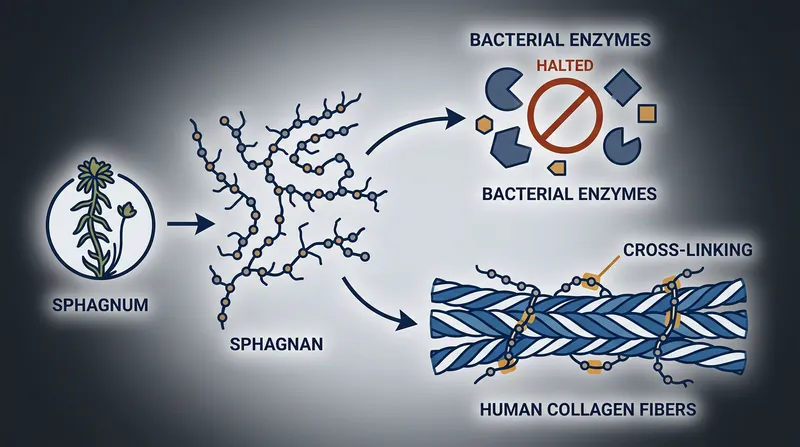 Sphagnan halts microbial decay by binding to bacterial enzymes while simultaneously cross-linking collagen in the skin.