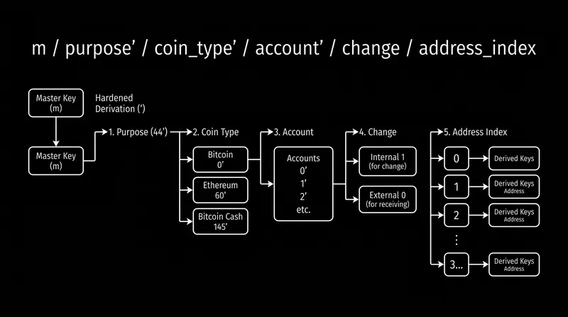 The BIP-44 standard defines a strict five-level path for organizing derived keys across multiple blockchains.