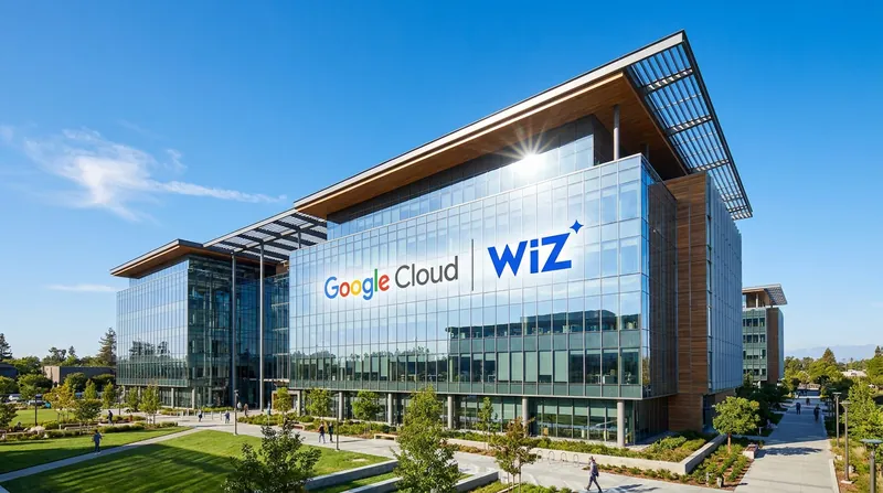 A modern corporate office interior featuring a glass partition with a Google Cloud logo.