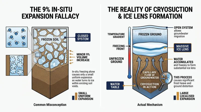 In-situ freezing yields minimal expansion, whereas cryosuction draws external water to build massive ice lenses.