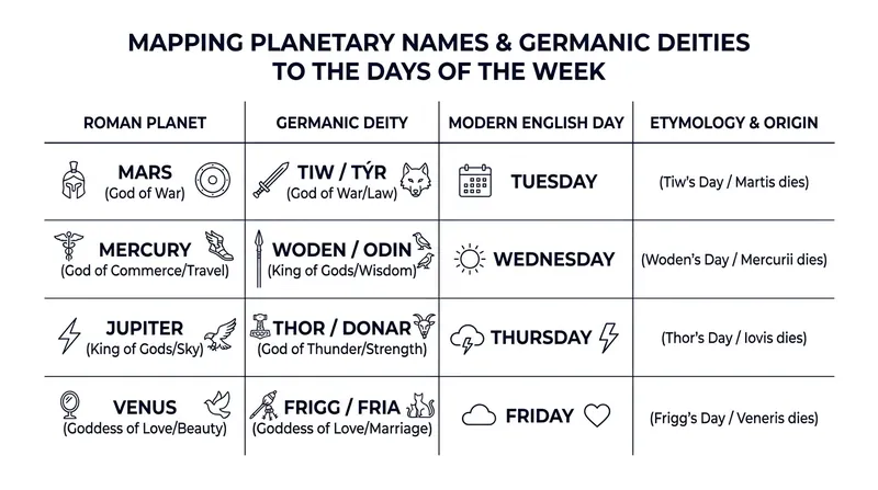 Germanic tribes adopted the mathematical structure of the Roman week but substituted their own deities for the planets.