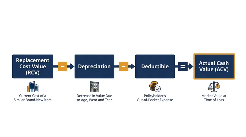 The initial actual cash value payment deducts both the policy deductible and the age-based depreciation.