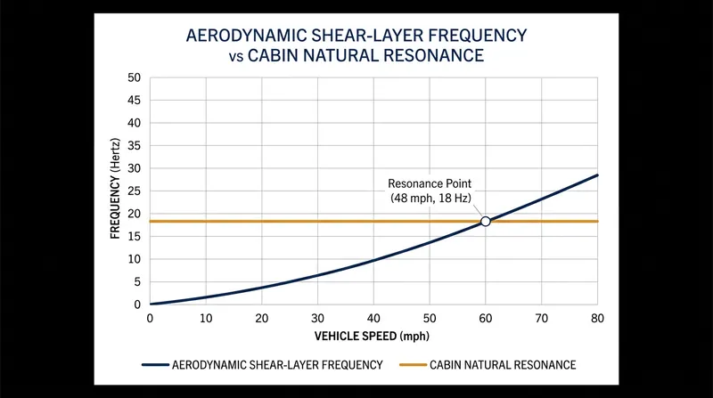 Buffeting peaks when the aerodynamic frequency matches the cabin's natural resonance.