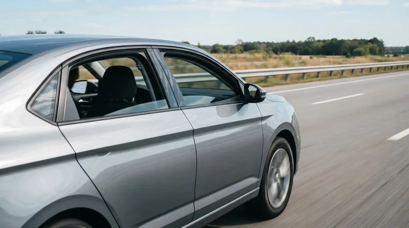 A modern SUV driving on a highway with the rear passenger window rolled down slightly.