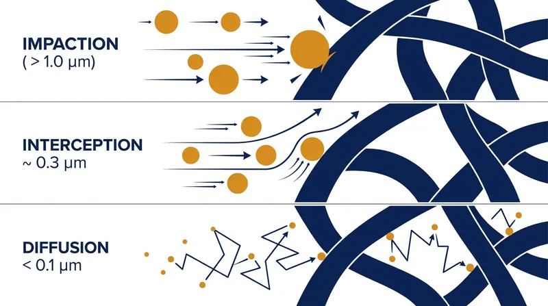Particles of different sizes are captured through distinct physical mechanisms as they navigate the filter's fiber web.