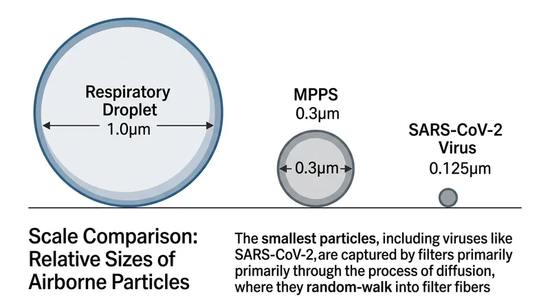 Viruses are significantly smaller than the 0.3-micron testing standard, making them highly susceptible to capture via Brownian motion.