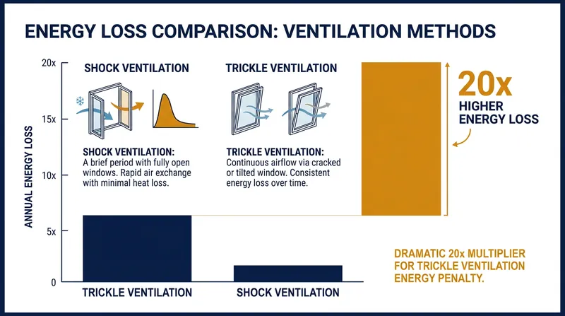 Trickle-ventilation can consume up to 20 times more heating energy than rapid shock airing.