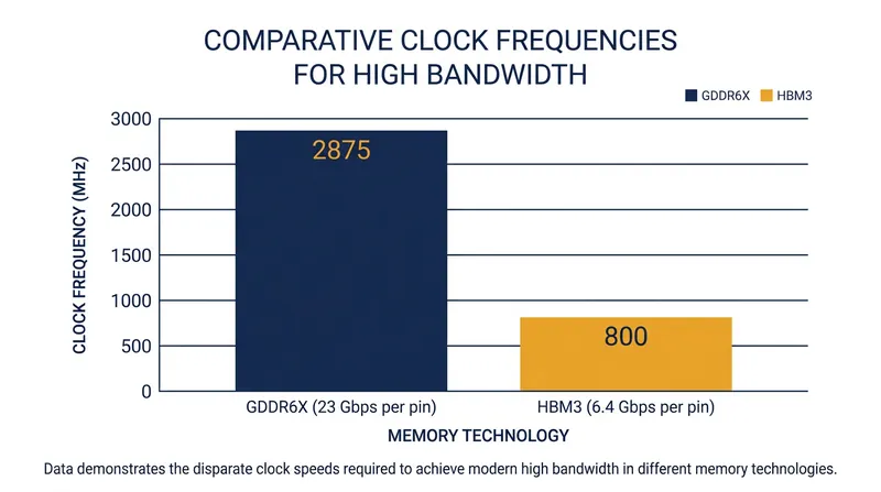 By widening the data path, HBM3 achieves superior throughput at a fraction of the clock speed.