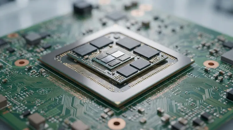 A microscopic view of a silicon interposer connecting a central processor to vertically stacked memory chips.