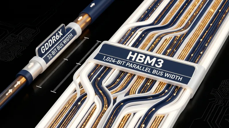 HBM3 utilizes a 1,024-bit bus width, exponentially wider than traditional graphics memory.
