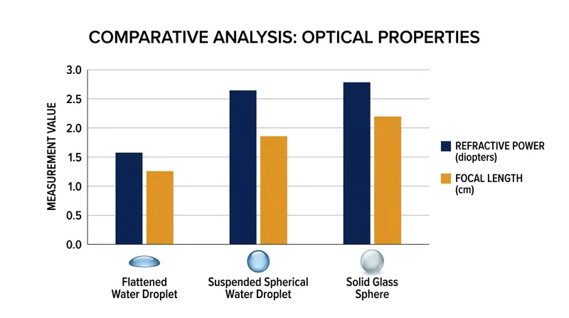 Solid glass spheres possess a higher refractive index than water, allowing them to burn leaves where water cannot.