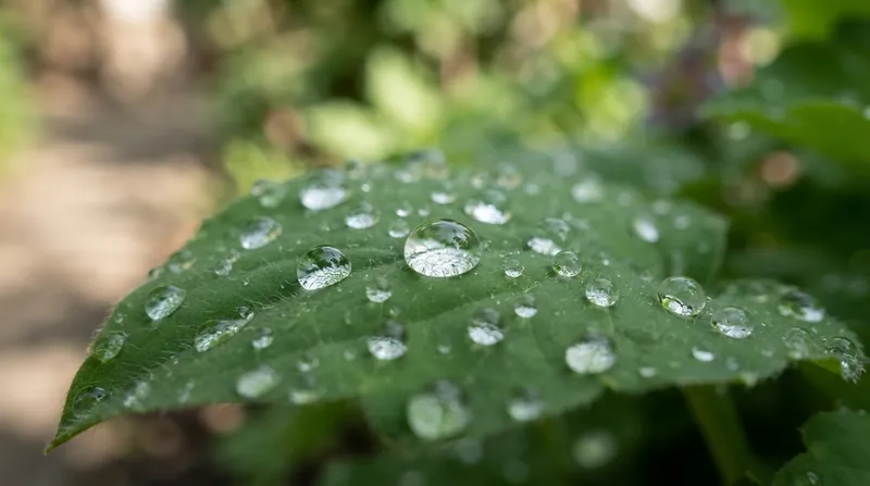Illustration: Waxy trichomes physically elevate water droplets, creating the spherical shape required to focus sunlight onto the leaf surface.
