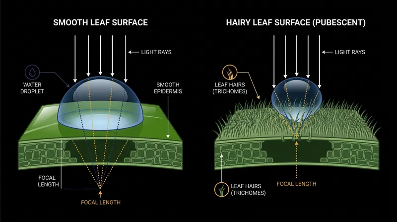 The contact angle of the water determines where the sun's rays converge.