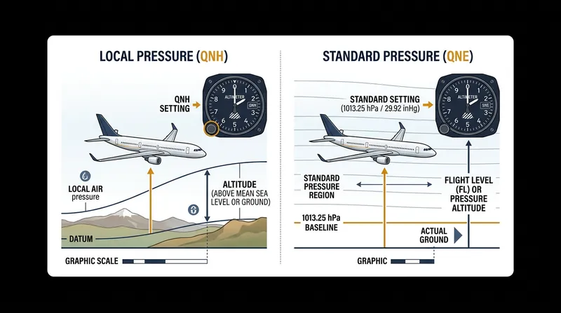 Local pressure ensures terrain clearance, while standard pressure ensures aircraft separation.