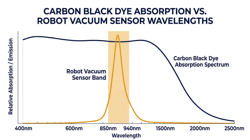 Standard cliff sensors operate at 850–940 nm, a wavelength range that carbon black dyes absorb almost entirely.