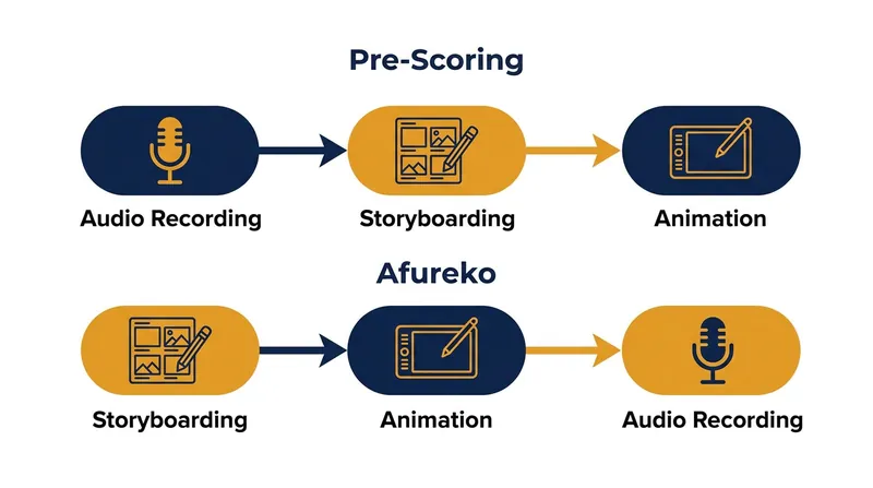 The afureko pipeline reverses the traditional animation process, placing audio recording at the end.