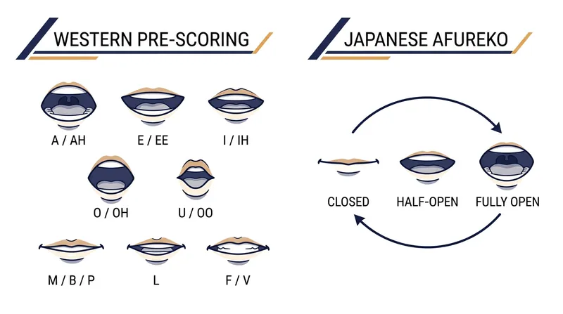 Western animation uses phonetic shapes, while anime relies on a generic three-frame amplitude cycle.