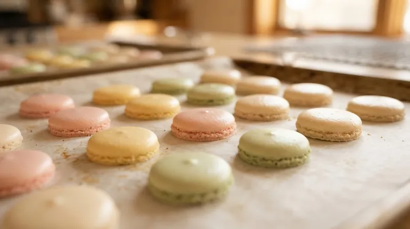 Close-up of pink French macarons baking on a silicone mat, showing the ruffled feet forming at the base.