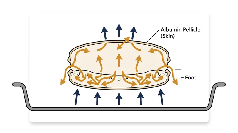 The albumin pellicle acts as an impermeable lid, forcing expanding steam to vent through the base.
