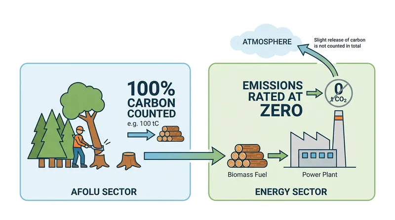 International guidelines account for biomass carbon when the tree is felled, zero-rating the smokestack to prevent double-counting.