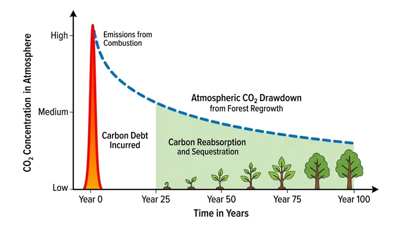 The carbon debt incurred by burning mature trees takes decades to centuries of forest regrowth to repay.