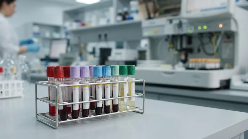 Close-up of glass blood collection vials with color-coded stoppers resting in a clinical laboratory tray.