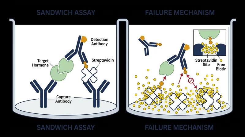 Excess biotin from supplements saturates the binding sites, causing falsely low results in sandwich assays.
