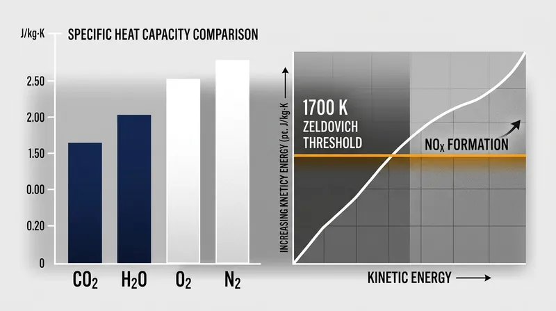 Carbon dioxide and water vapor possess a higher specific heat capacity than fresh air, allowing them to absorb more combustion energy.