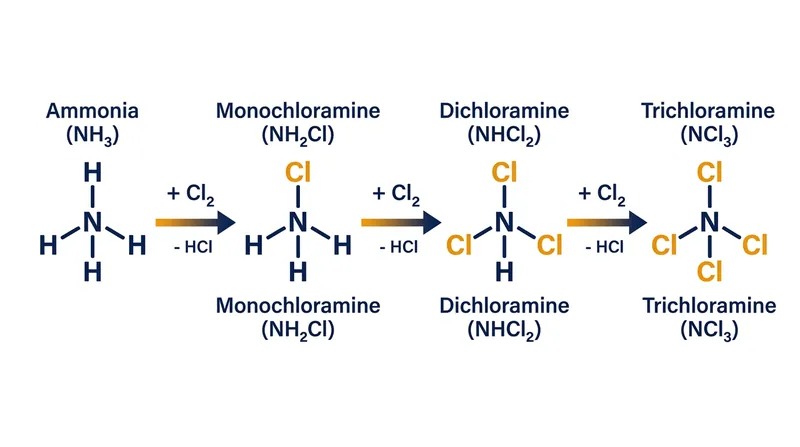 As chlorine bonds with nitrogenous waste, it undergoes a series of substitution reactions that culminate in volatile trichloramine.