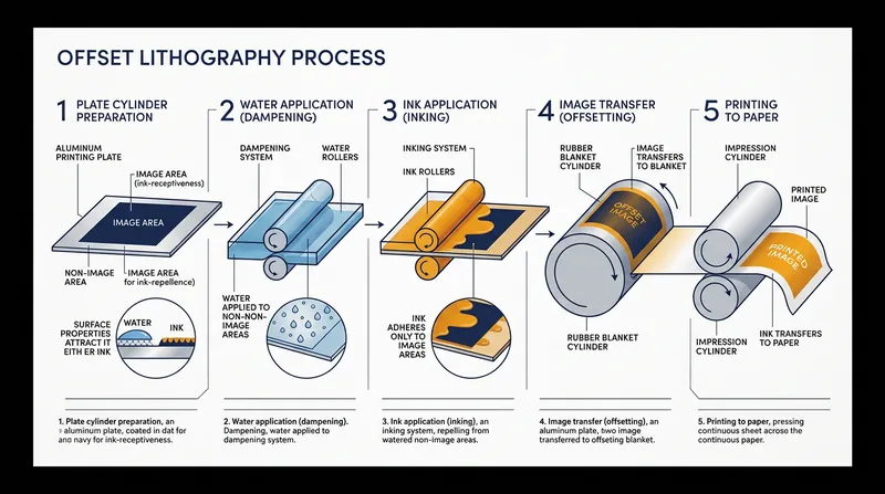 Offset lithography relies on the chemical repulsion between oil-based inks and water on a perfectly flat aluminum plate.