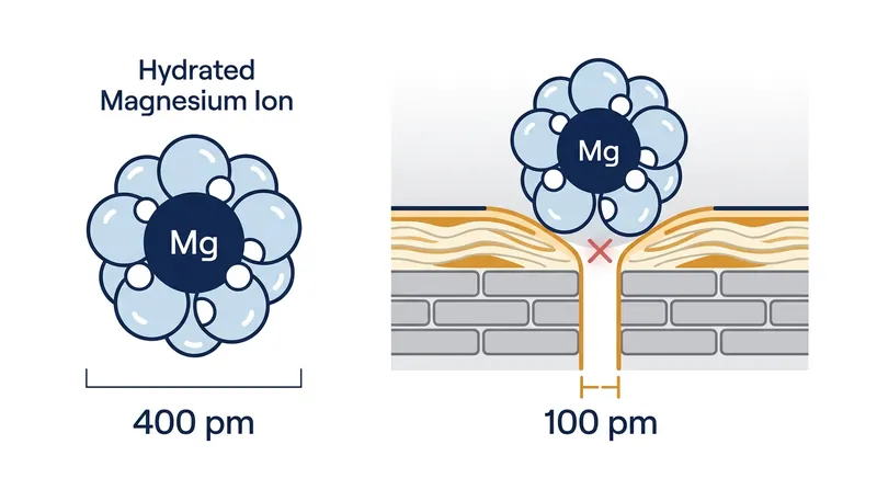 The dense hydration shell surrounding a magnesium ion makes it physically too large to pass through intact skin pores.