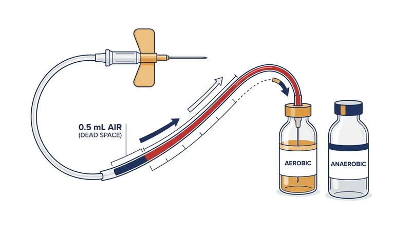 The vacuum inside the first attached bottle pulls the dead-space air from the tubing before the blood arrives.