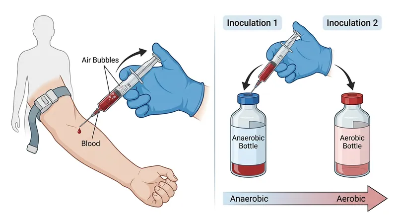 Because air bubbles rise to the plunger in a syringe, the anaerobic bottle is inoculated first to receive the air-free blood at the tip.