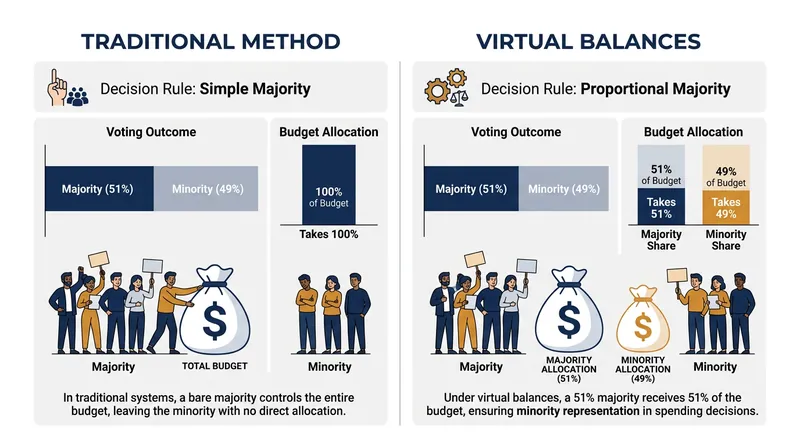 Virtual balances cap the spending power of any single voting bloc at its exact demographic weight.