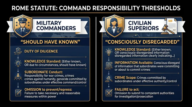 The Rome Statute applies a stricter liability threshold to military commanders than to civilian leaders.