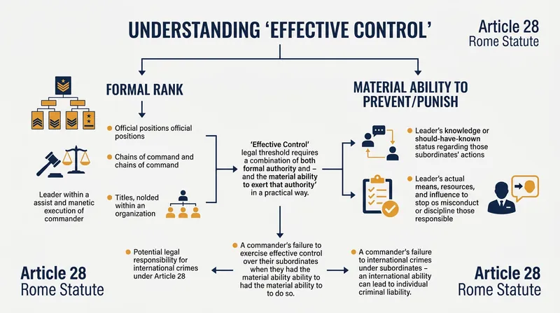 Effective control requires the material ability to stop crimes, rendering formal military rank legally insufficient on its own.