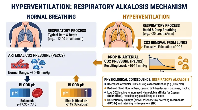 Rapid breathing strips carbon dioxide from the blood, driving the pH into an alkaline state.