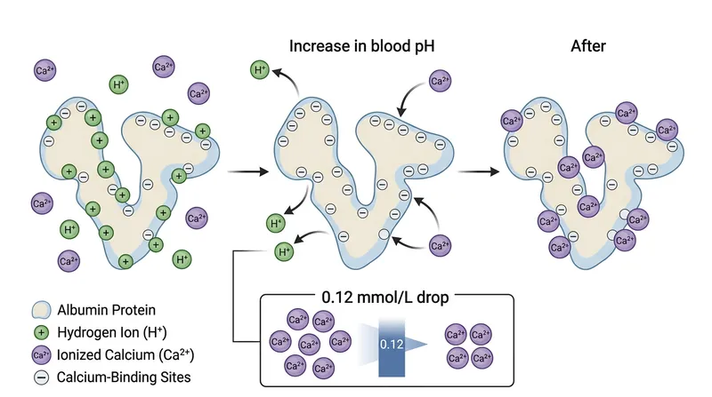 As blood becomes alkaline, albumin proteins release hydrogen and bind to active ionized calcium.