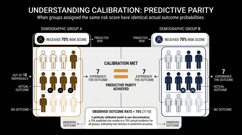 Calibration ensures that a specific risk score corresponds to the exact same probability of an outcome across all demographic groups.