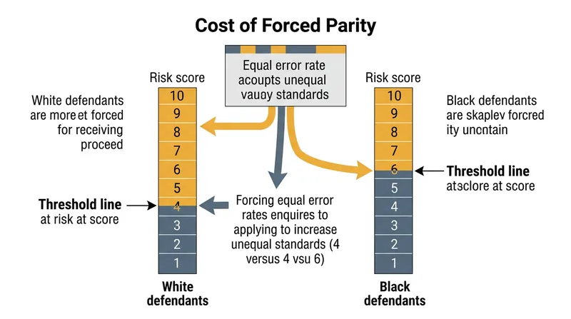Forcing an algorithm to produce equal error rates across groups with different base rates requires applying unequal risk thresholds.