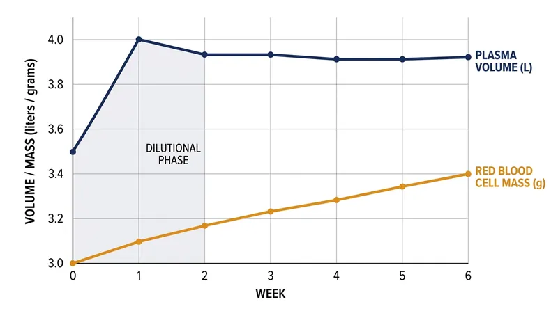 Plasma volume expands within days of starting a heavy training block, while red blood cell production takes weeks to catch up.