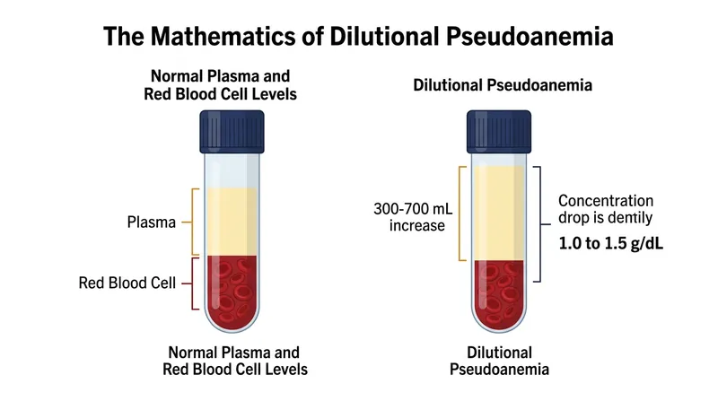 Because the absolute mass of red blood cells remains constant, the added plasma volume mathematically lowers the concentration reading.
