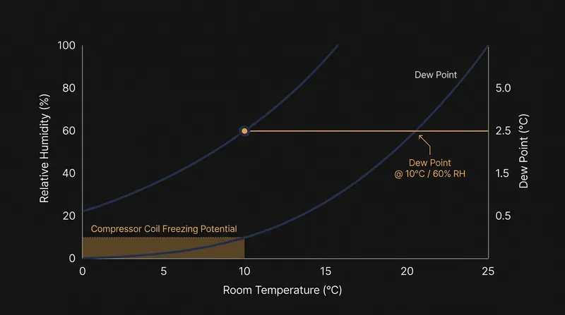 To extract moisture from a 10°C room, a compressor's evaporator coils must chill to near-freezing temperatures.
