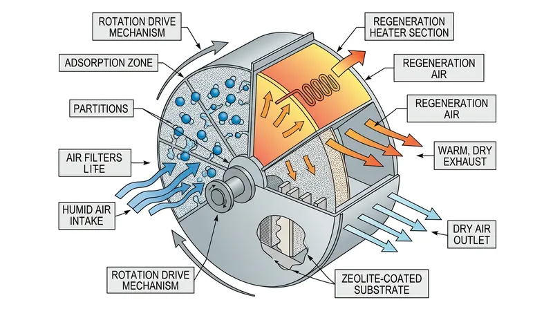 Desiccant dehumidifiers use a rotating wheel coated in highly porous zeolite to chemically trap water molecules.