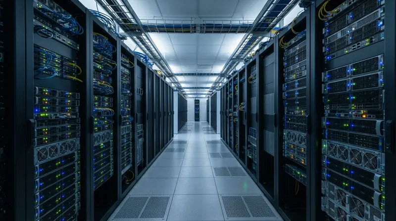 A long aisle of modern server racks in a data center, glowing with blue and amber indicator lights.